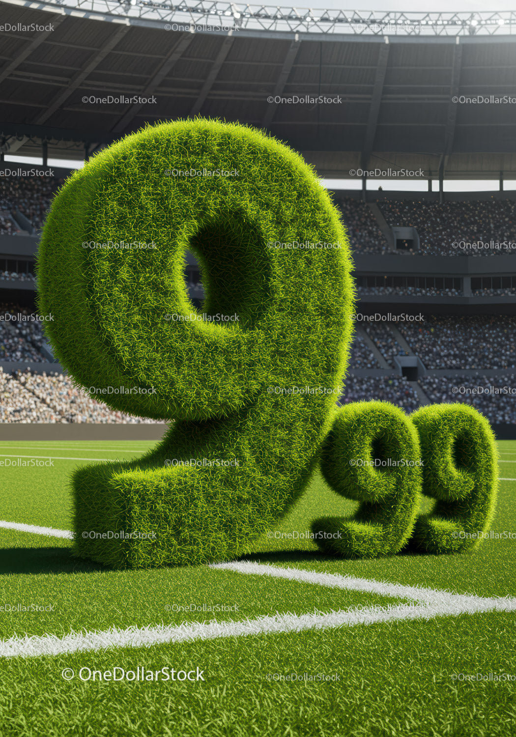 Large grass covered 99 percent sign in soccer stadium