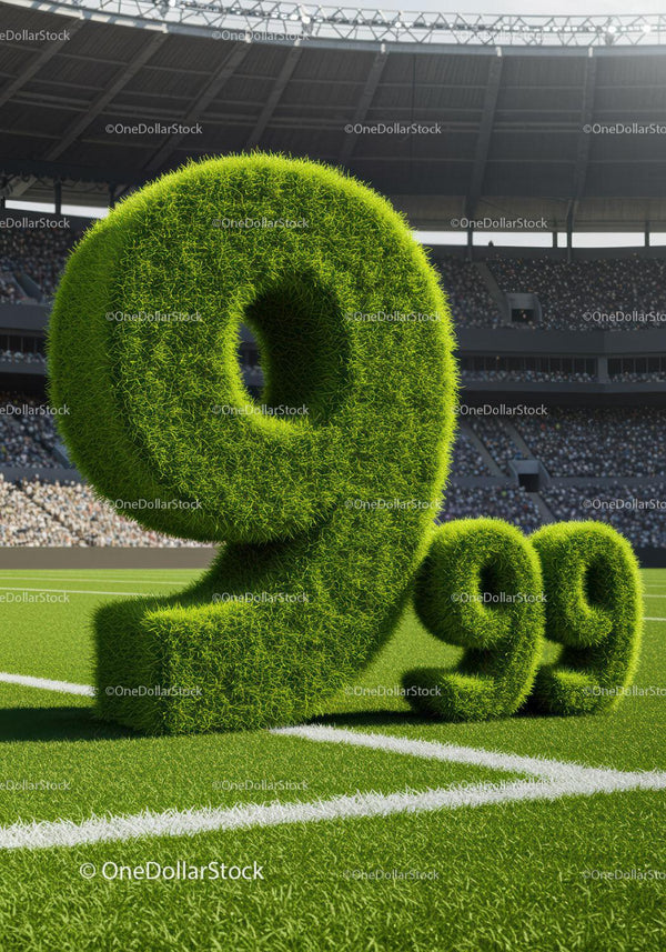 Duży znak procentowy 99 pokryty trawą na stadionie piłkarskim