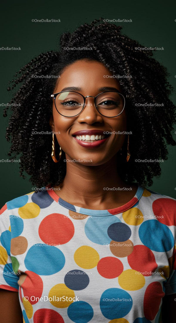 Young Smiling Woman with Curly Hair and Colorful Polka Dot Shirt