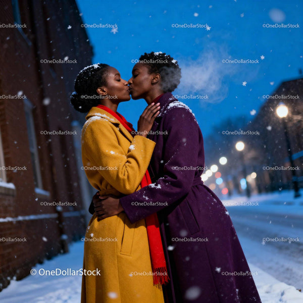 Romantic Winter Kiss Between Two Women in Colorful Coats