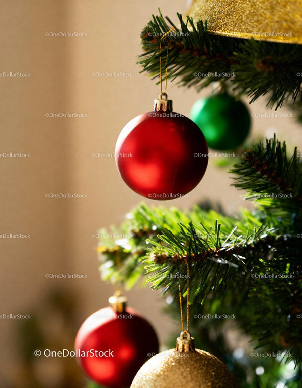 Close-up of colorful Christmas ornaments on tree