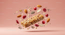 Healthy granola bar with nuts and dried fruits floating