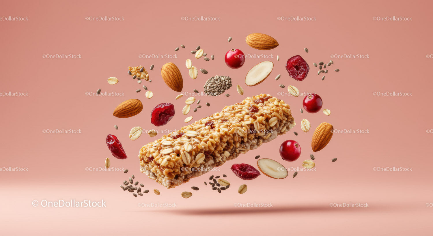 Zdrowy batonik granola z orzechami i suszonymi owocami pływającymi w wodzie