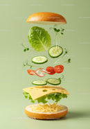 Fresh vegetable and cheese sandwich ingredients floating