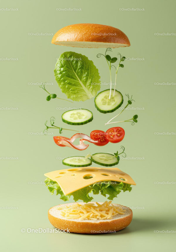 Fresh vegetable and cheese sandwich ingredients floating