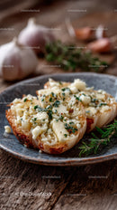 Roasted Garlic Cloves with Rosemary on Rustic Wooden Table
