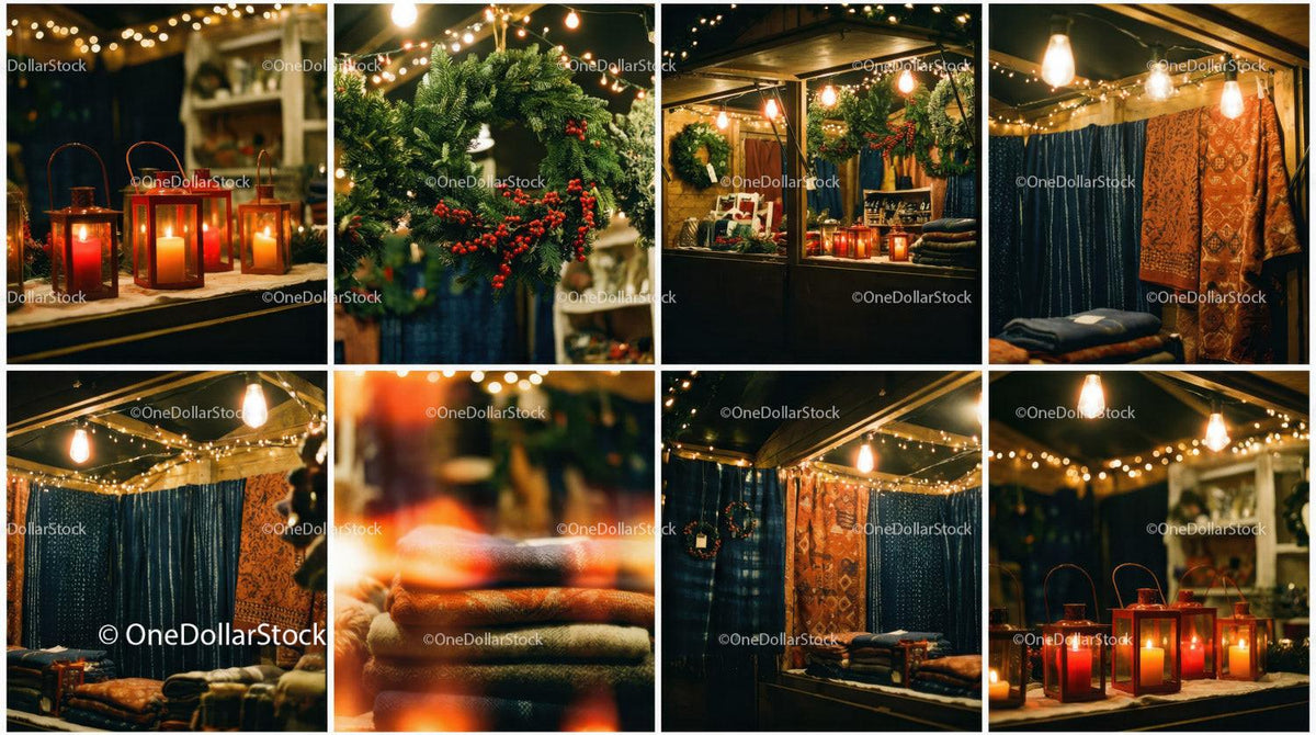 Cozy Christmas Market Stall with Lanterns and Textiles