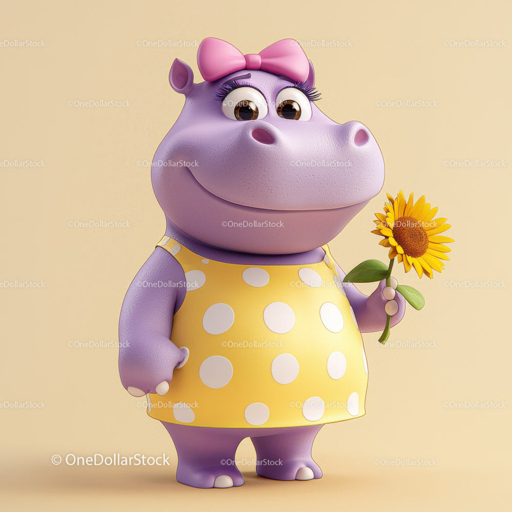 Cute Cartoon Hippo Holding Sunflower in Yellow Dress for Kids Illustration