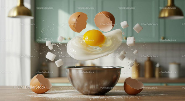 Egg cracking and sugar cubes falling over mixing bowl