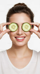 Smiling Woman Holding Cucumber Slices Over Eyes for Relaxing Facial