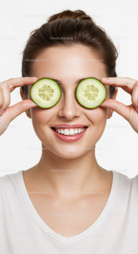 Smiling Woman Holding Cucumber Slices Over Eyes for Relaxing Facial