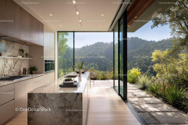 Modern Kitchen with Scenic Mountain Views and Floor-to-Ceiling Glass Doors