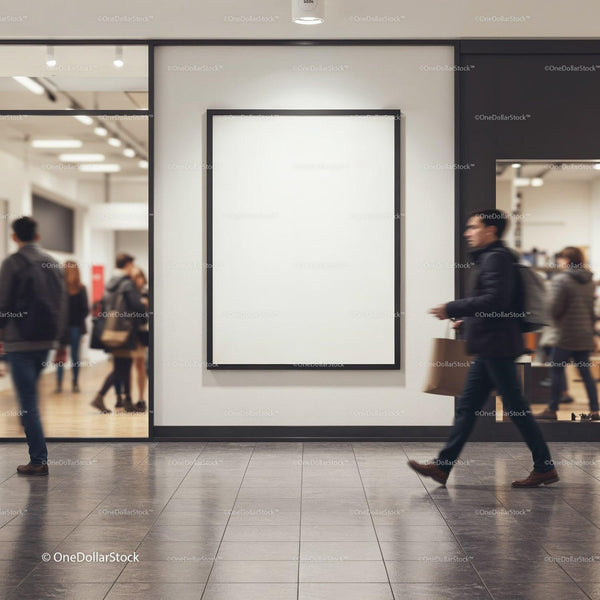 Blank poster frame in busy modern shopping mall corridor JPG Mockup Image
