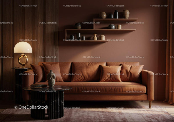 Przytulny nowoczesny salon z skórzaną sofą i artystyczną dekoracją