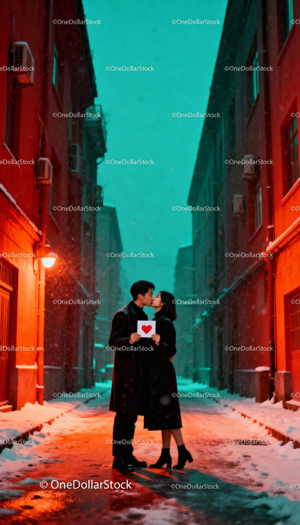 Couple exchanging a kiss holding a heart card on snowy street