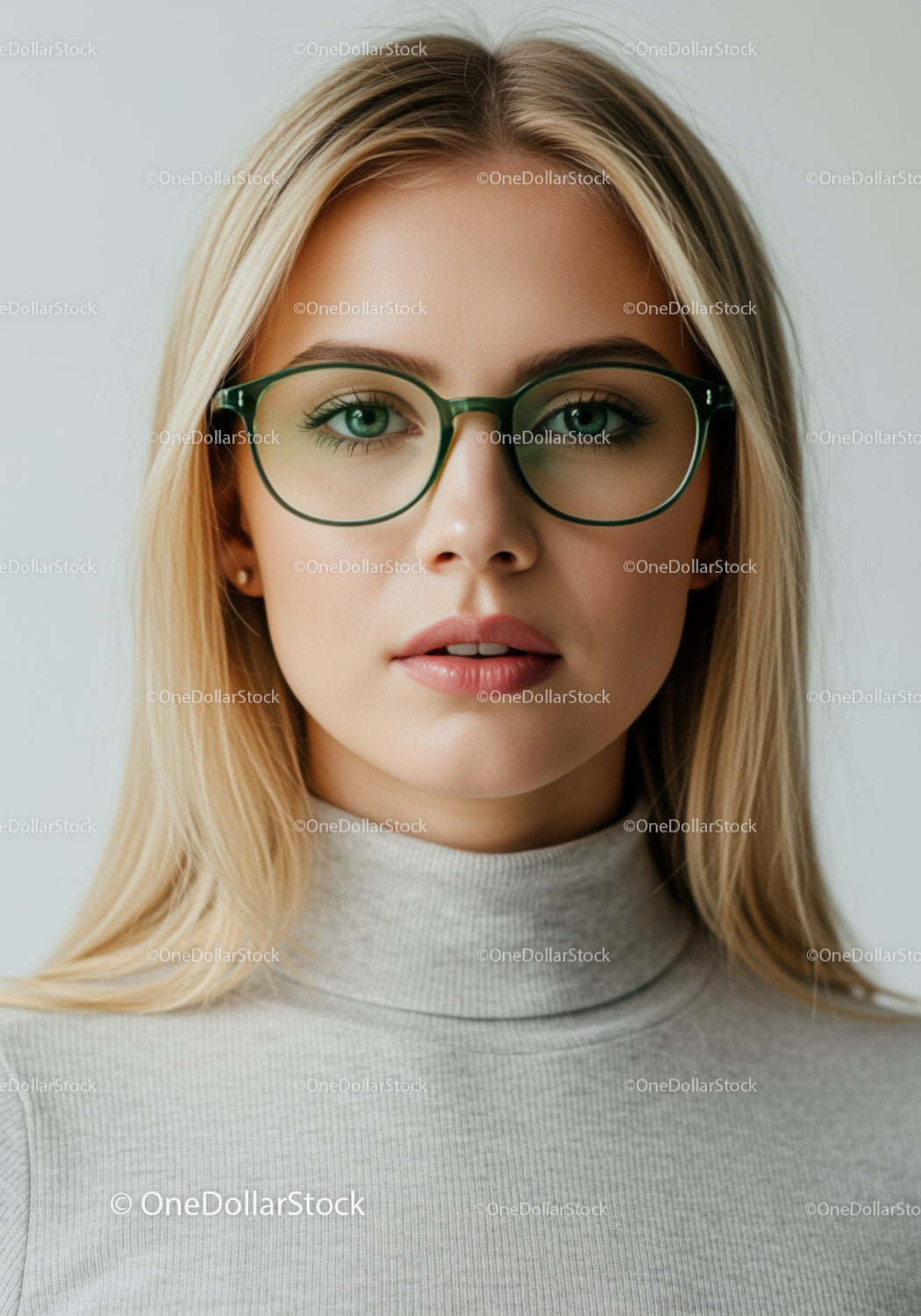 Elegant Young Woman Wearing Green Glasses with Blonde Hair
