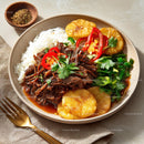 Savory Asian Dish with Rice, Vegetables, and Grilled Plantains