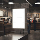 Empty illuminated menu board in modern coffee shop interior