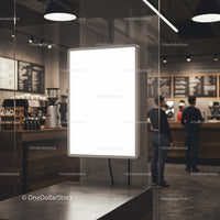 Empty illuminated menu board in modern coffee shop interior