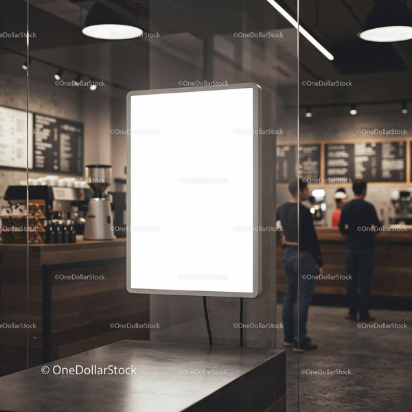 Empty illuminated menu board in modern coffee shop interior JPG Mockup Image