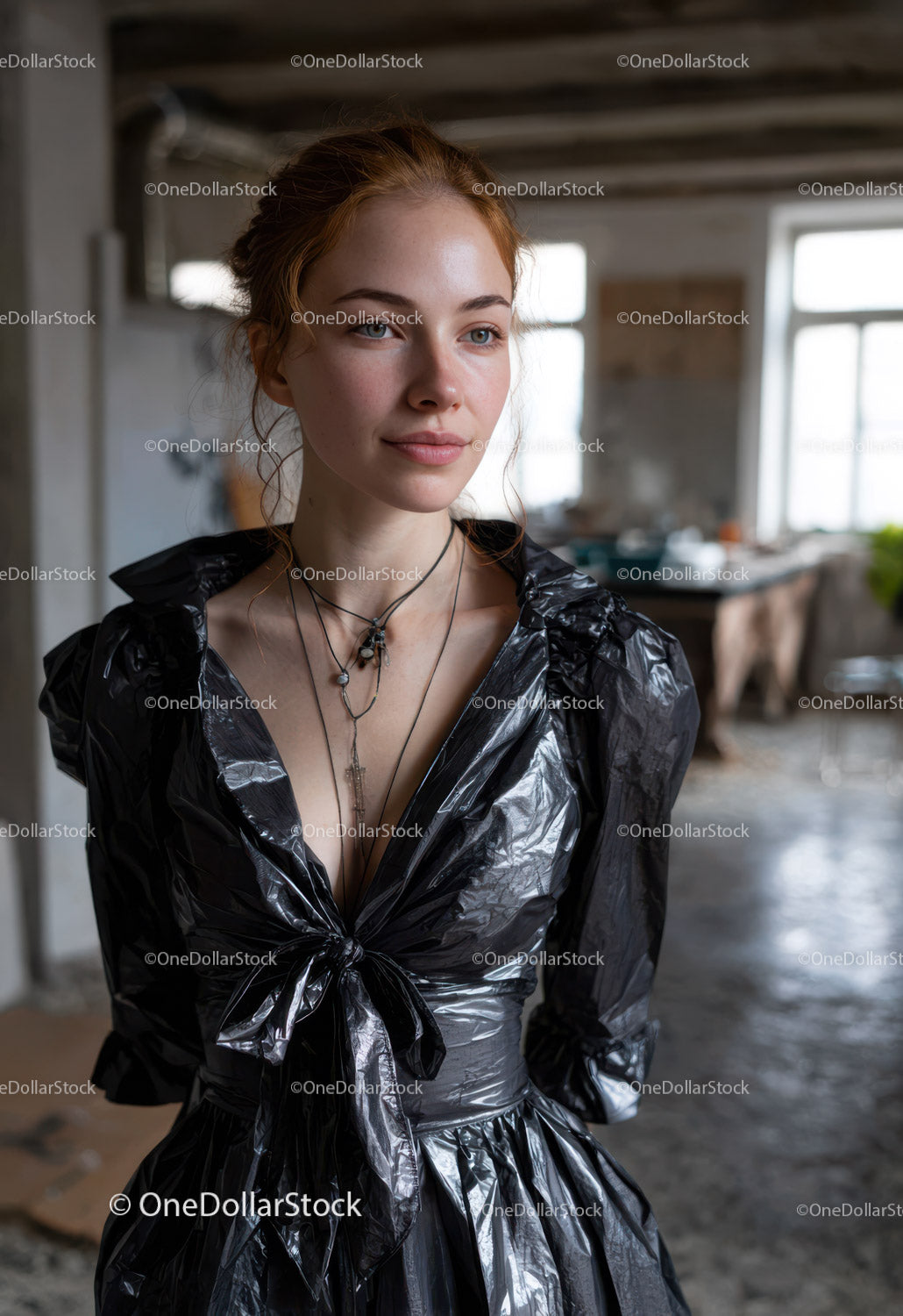 Young Woman in Black Shiny Dress with Necklaces in Indoor Setting