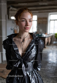 Young Woman in Black Shiny Dress with Necklaces in Indoor Setting