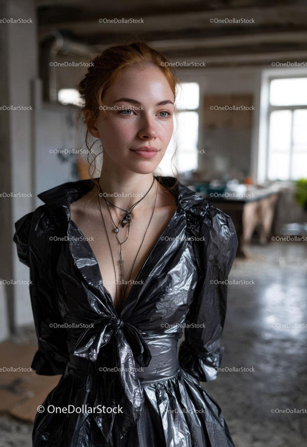 Young Woman in Black Shiny Dress with Necklaces in Indoor Setting