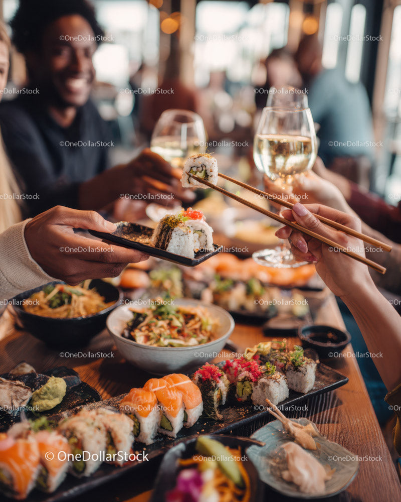 Vibrant Sushi Dining Scene with Group of Friends Enjoying Variety of Sushi
