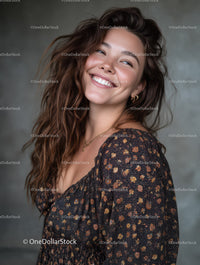 Portrait of a Happy Woman with Curly Hair Wearing a Floral Dress