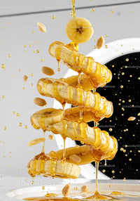 Banana slices dripping honey with scattered peanuts