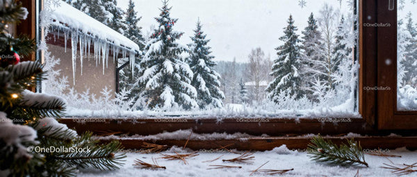 Snowy pine trees and icicles seen through frost-covered window