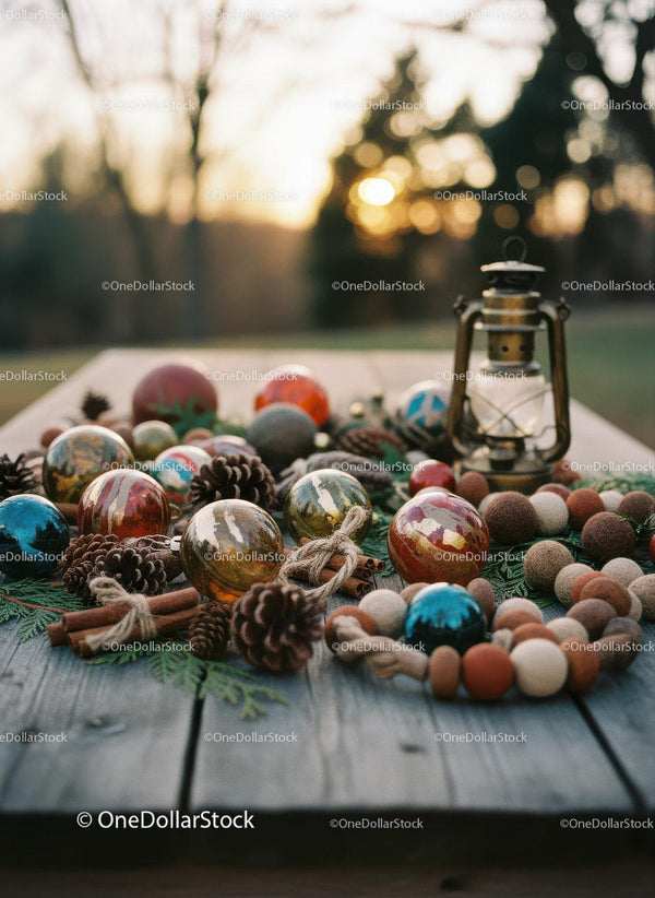 Rustic Christmas ornaments and lantern on wooden table