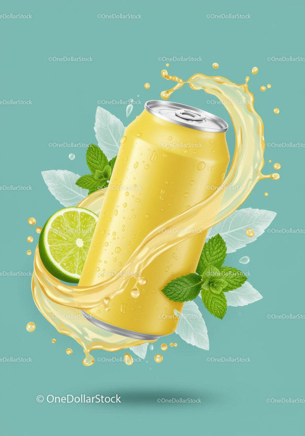 Refreshing Lemon Lime Soda Can with Splash and Mint JPG Mockup Image