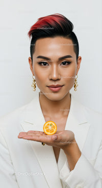 Confident Woman with Vibrant Hair Holding Lemon Slice in Modern Fashion Style