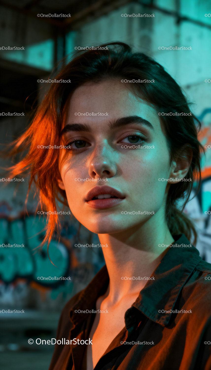 Young woman with striking lighting in urban setting