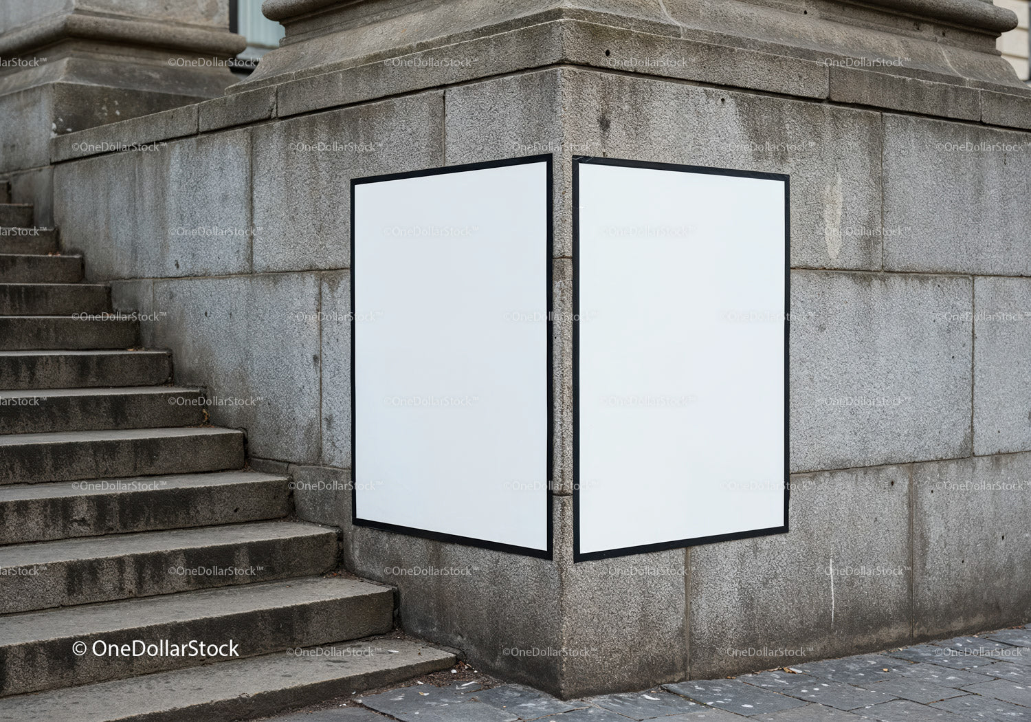 Blank double billboard on stone wall near stairs