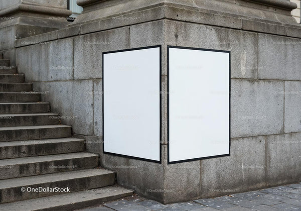 Blank double billboard on stone wall near stairs JPG Mockup Image