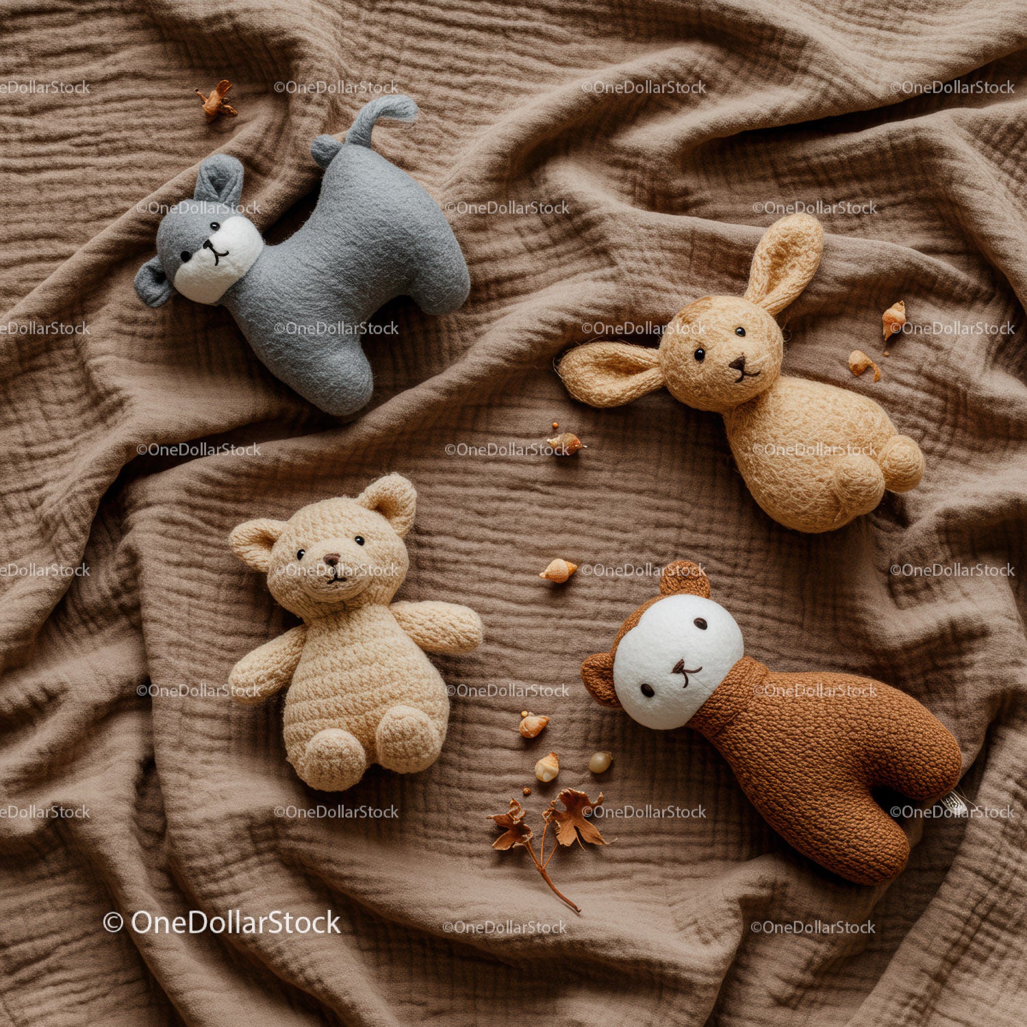 Handmade Soft Animal Plush Toys on Cozy Brown Fabric
