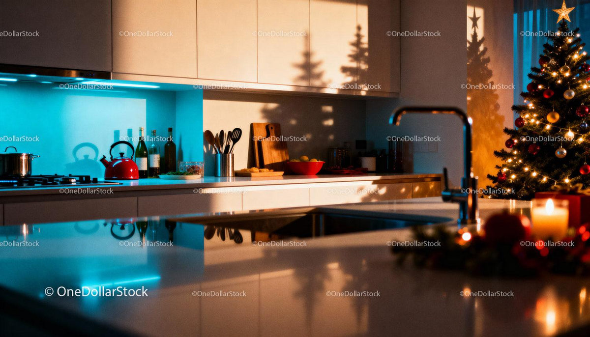 Cozy modern kitchen with glowing Christmas tree lighting