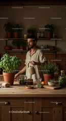Man Watering Fresh Basil and Herbs in a Cozy Kitchen