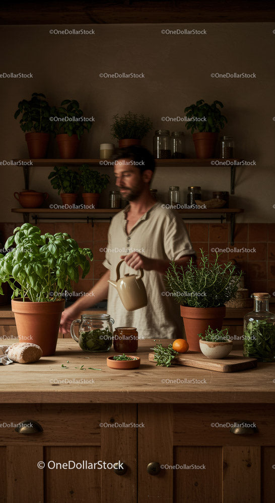 Man Watering Fresh Basil and Herbs in a Cozy Kitchen