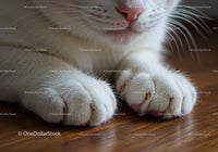 Close up of white cat paws resting on wooden floor