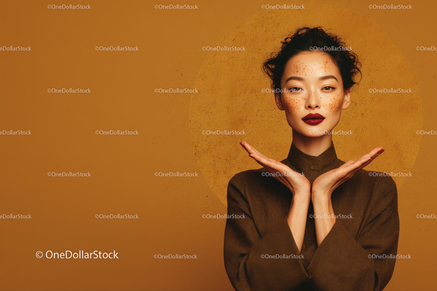 Stylish Young Woman with Freckles in Artistic Studio Portrait