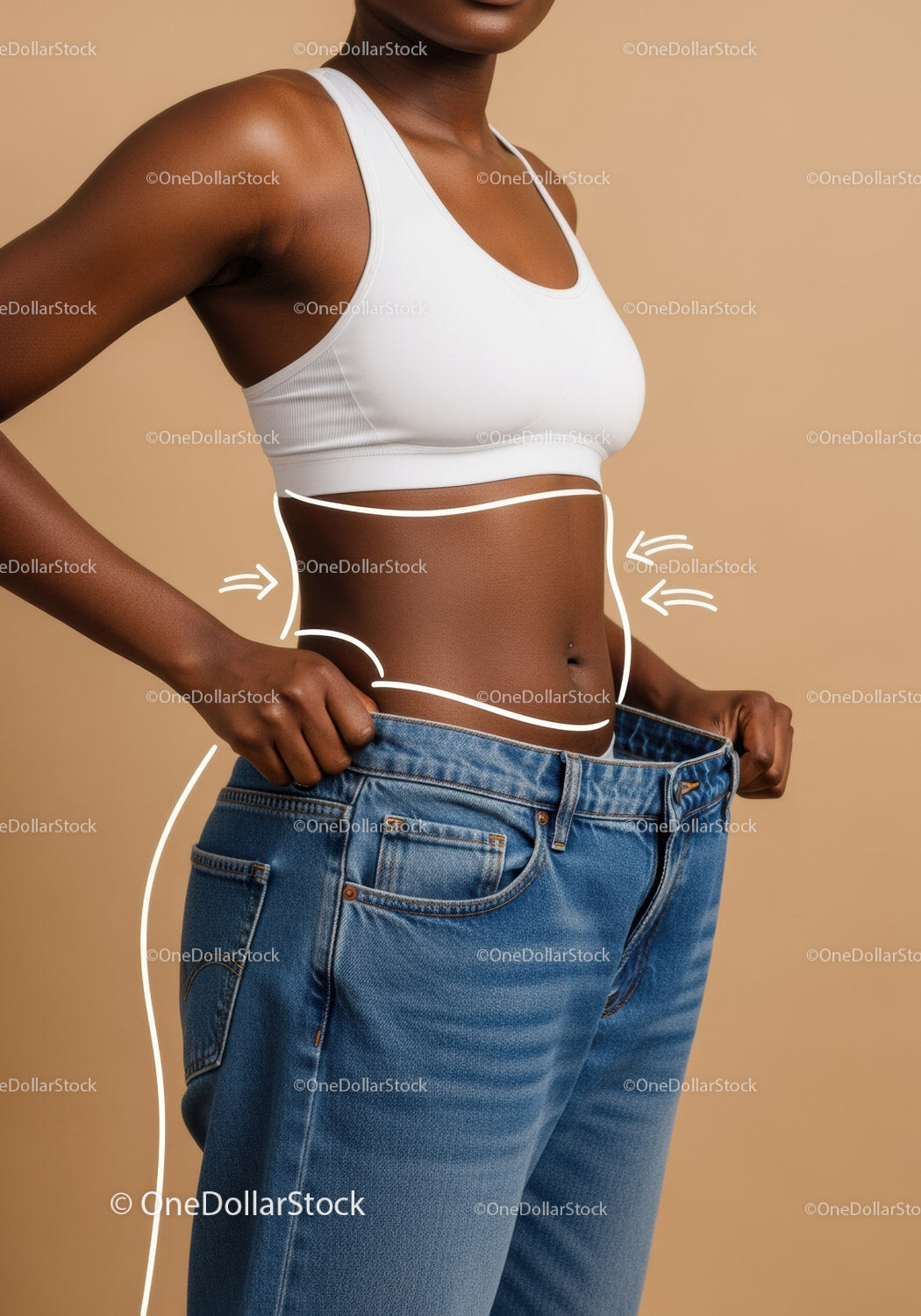 Woman Measuring Waistline for Fitness Progress with Denim Jeans and Sport Bra