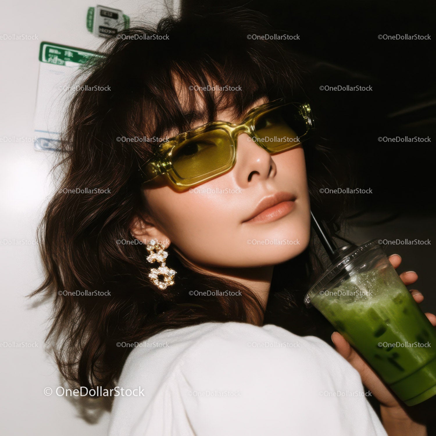 Fashionable Woman with Green Iced Drink Wearing Yellow Sunglasses