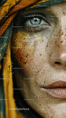 Close-up of a Woman with Detailed Skin Texture and Vibrant Blue Eye