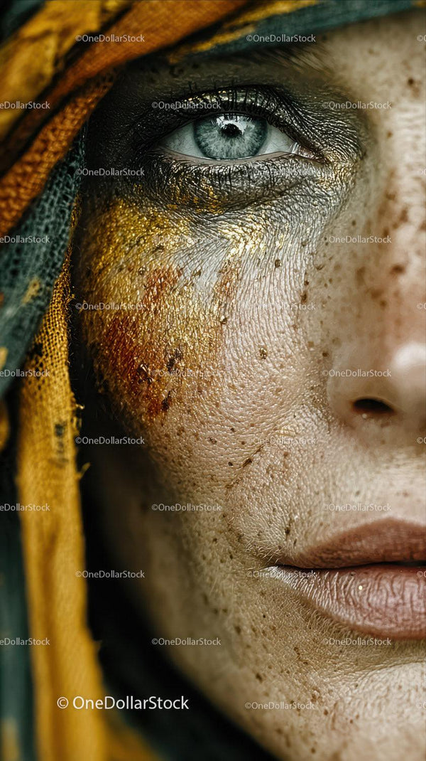 Close-up of a Woman with Detailed Skin Texture and Vibrant Blue Eye