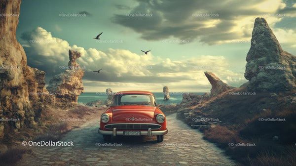 Vintage Red Car On Rocky Coastal Road