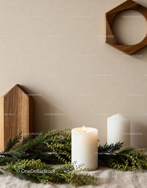 Minimalist candles and greenery with wood decor accents