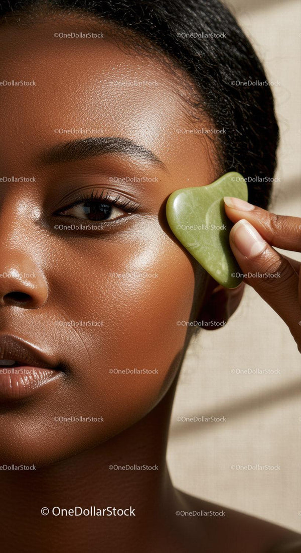 Close-up of Woman Using Green Jade Facial Tool for Skin Care